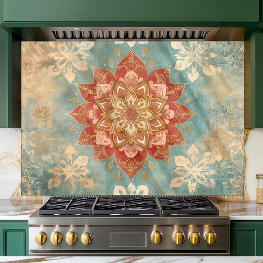 Moroccan Style Glass Backsplash, Blue Floral Stove Guard, Heat Resistant Easy Clean Kitchen Art