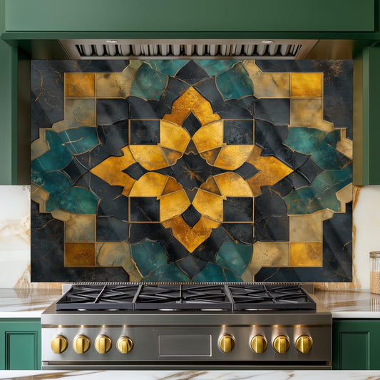 Moroccan Style Glass Backsplash, Floral Medallion Stove Guard, Heat Resistant Easy Clean Kitchen Art