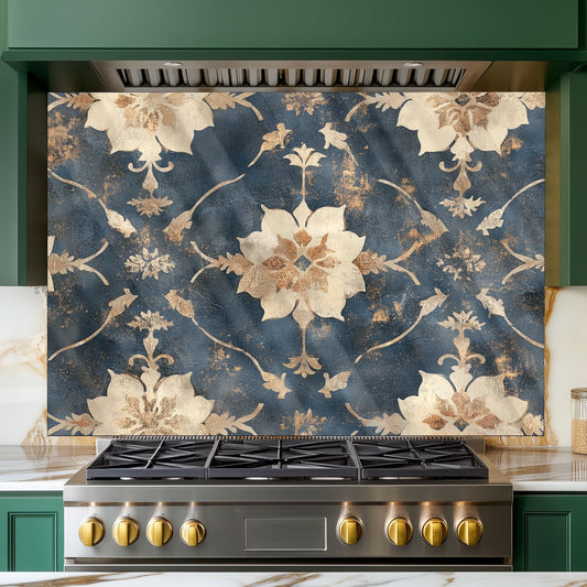 Moroccan Style Glass Backsplash, Blue Geometric Stove Guard, Heat Resistant Easy Clean Kitchen Art