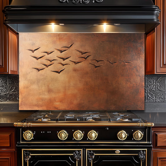 Copper Heron Tempered Glass Kitchen Backsplash: Rustic Bird Art