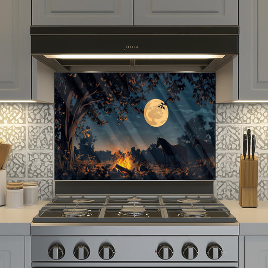 Night Horse Tempered Glass Kitchen Backsplash: Heat Resistant Stove Art