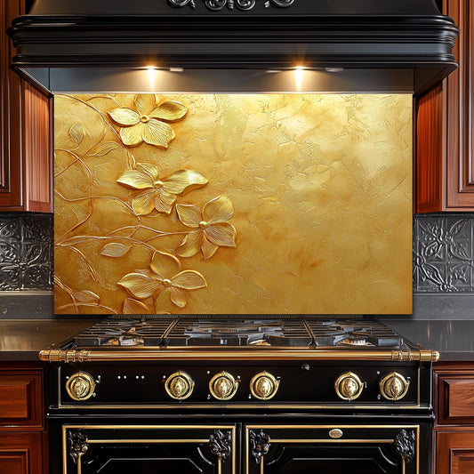 Golden Floral Tempered Glass Backsplash: Rustic Kitchen Decor
