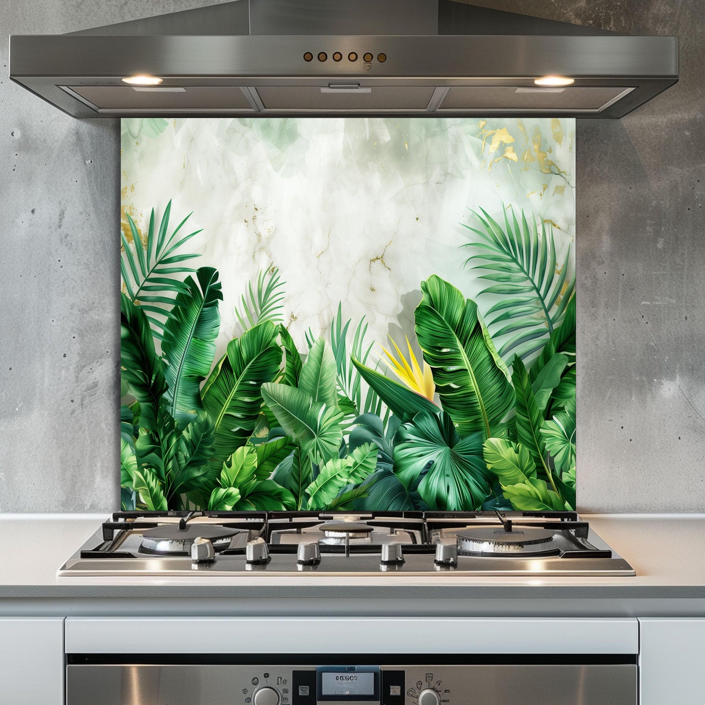Tropical Banana Leaf Tempered Glass Backsplash: Marble & Gold Kitchen Wall Art