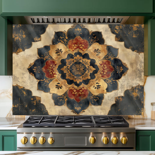 Moroccan Style Glass Backsplash, Blue Geometric Stove Guard, Heat Resistant Easy Clean Kitchen Art