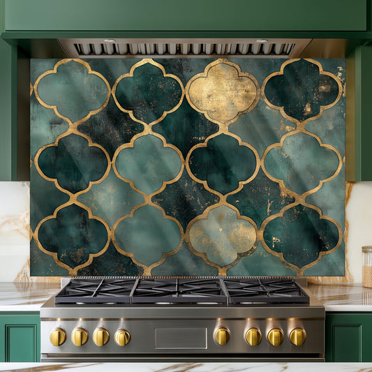 Moroccan Style Glass Backsplash, Blue Geometric Stove Guard, Heat Resistant Easy Clean Kitchen Art