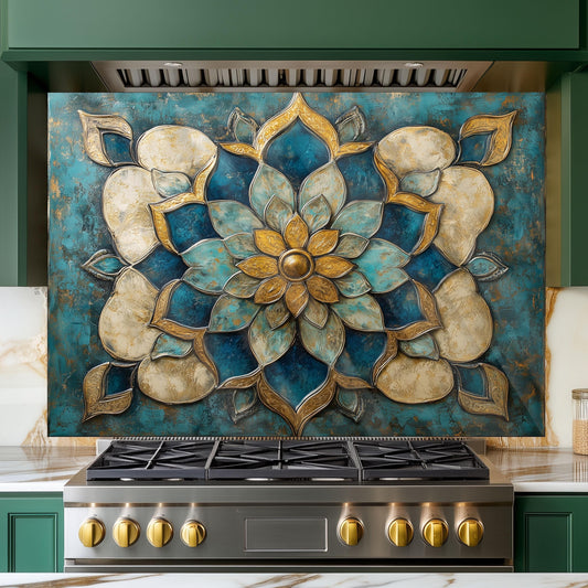 Moroccan Tempered Glass Kitchen Backsplash: Artistic Floral Stove Panel