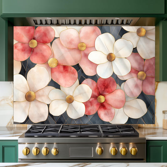 Artistic Floral Glass Backsplash, Heat Resistant Stove Guard, Custom Size Kitchen Art