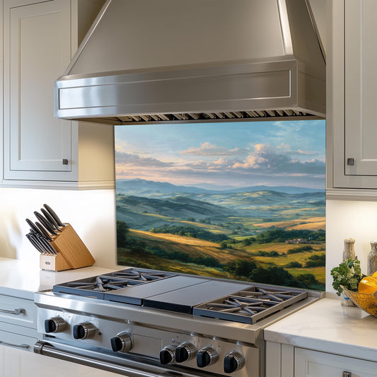 Tuscan Hills Glass Backsplash, Rustic Italy Scene Stove Guard, Heat Resistant Kitchen Wall Art