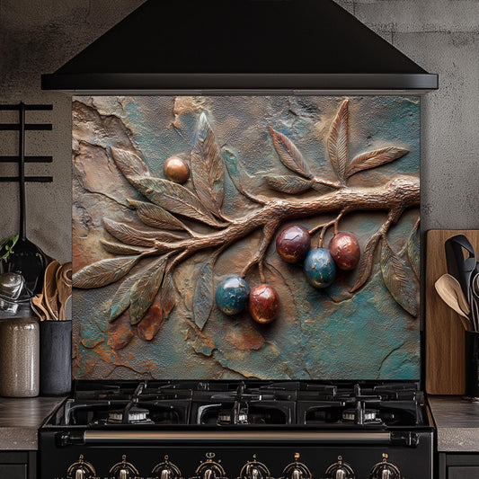 Olive Branch Tempered Glass Backsplash: Rustic Tuscan Kitchen Decor