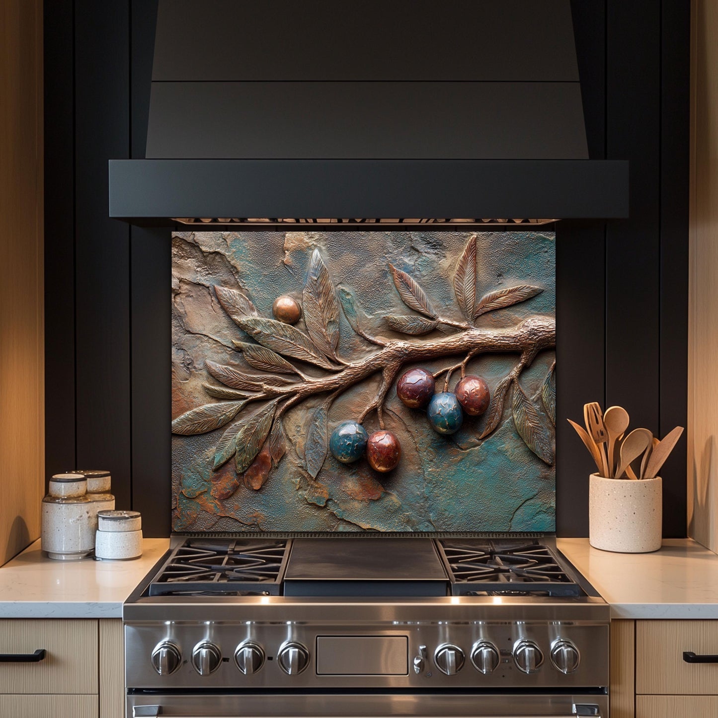 Olive Branch Tempered Glass Backsplash: Rustic Tuscan Kitchen Decor