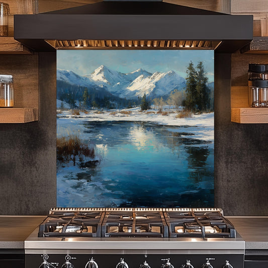 Winter Mountain Landscape Glass Backsplash: Tempered Glass Stove Panel
