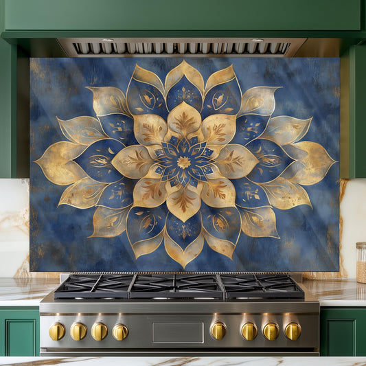 Moroccan Style Glass Backsplash, Blue Geometric Stove Guard, Heat Resistant Easy Clean Kitchen Art