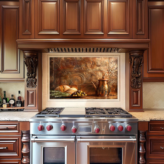 Mediterranean kitchen backsplash, rustic copper design, heat-resistant tempered glass, easy clean kitchen wall protector, farmhouse kitchen art, stove backsplash protector, copper kitchen wall decor