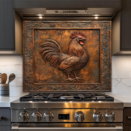 Heat-resistant tempered glass backsplash with a rustic rooster design, perfect for farmhouse decor. This unique wall protector combines durability and vintage charm, adding a cozy