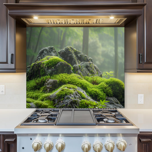 Moss Covered Rock Forest Tempered Glass Backsplash - Nature Inspired Green Kitchen Splashback