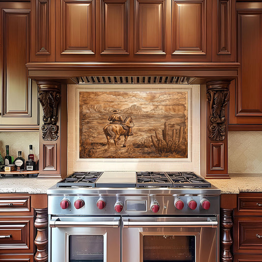 Rustic kitchen wall decor, cowboy-themed backsplash, heat-resistant tempered glass, easy clean kitchen wall protector, Western copper art, stove protector, country kitchen decor