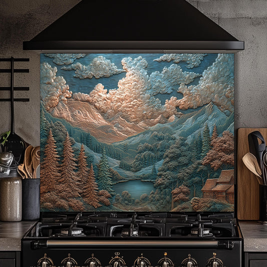 Mountain Landscape Glass Backsplash: Rustic Cabin & Boho Kitchen Decor