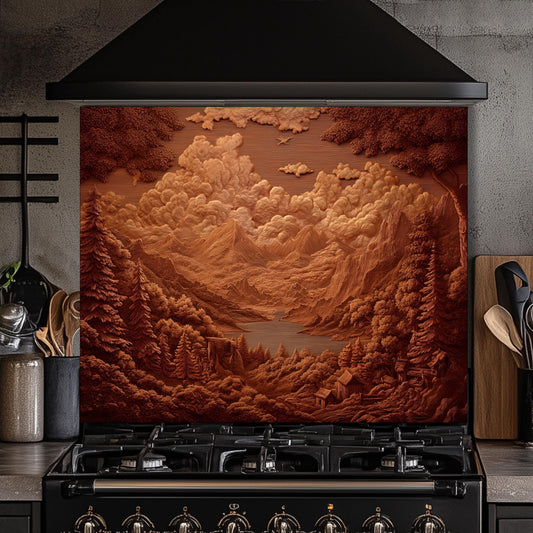 Sepia Mountain Landscape Tempered Glass Backsplash - Rustic Cabin Decor