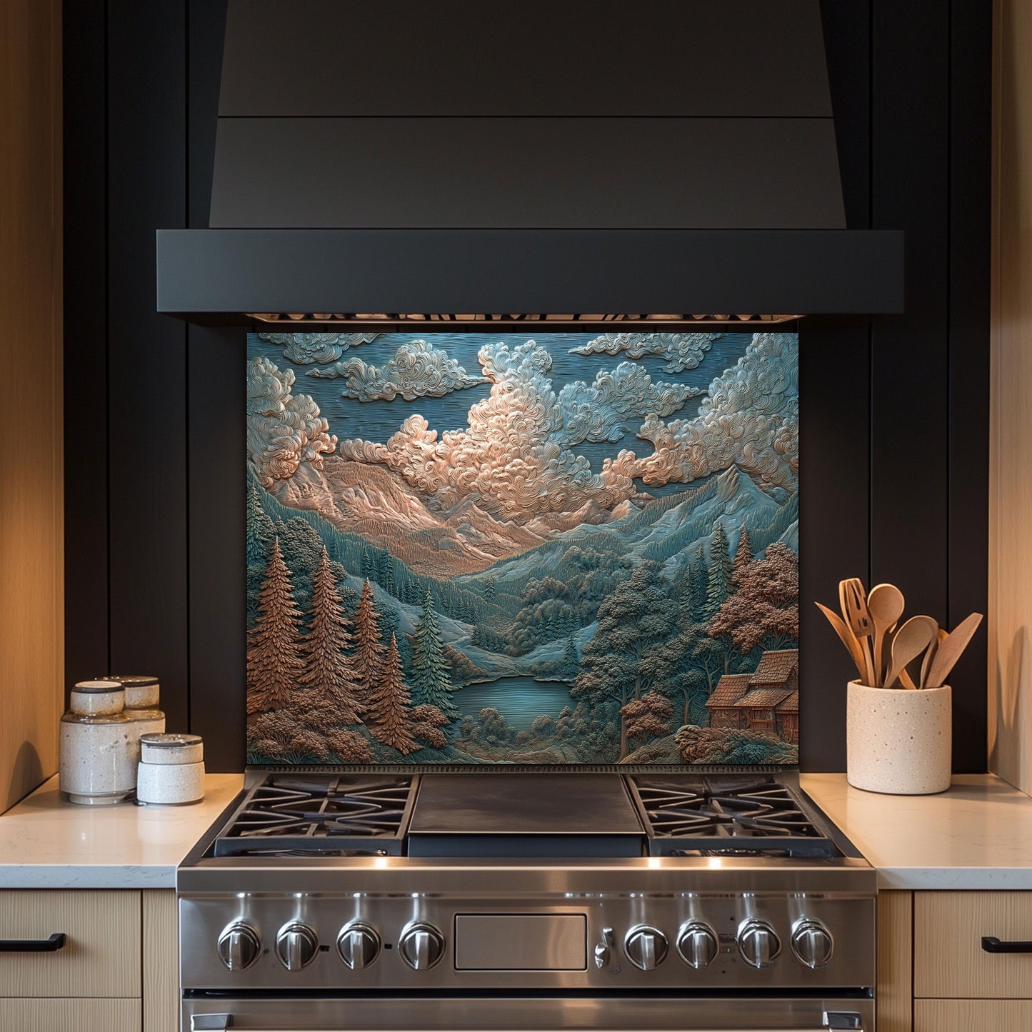 Mountain Landscape Glass Backsplash: Rustic Cabin & Boho Kitchen Decor