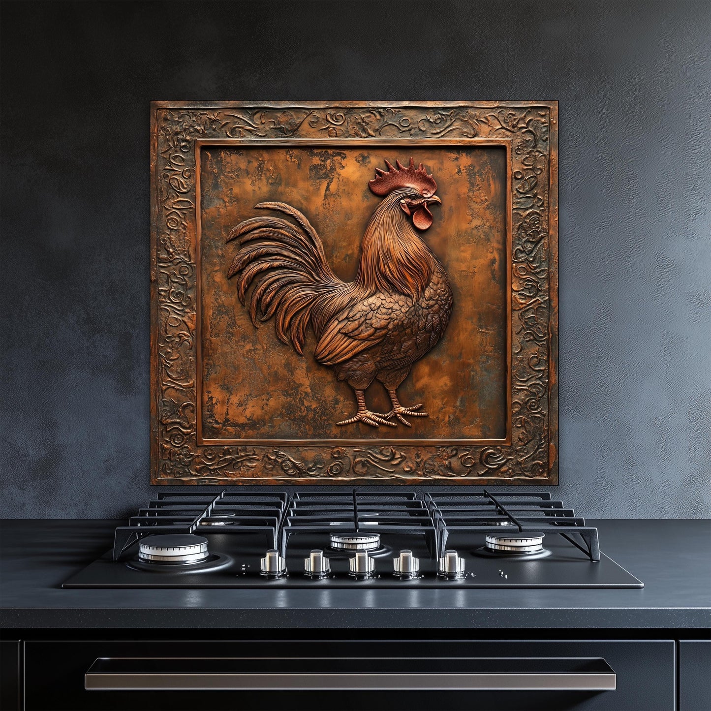 Rustic rooster decor backsplash crafted from tempered glass, ideal for farmhouse kitchens. With heat resistance and easy-clean qualities, this wall protector adds both functionality