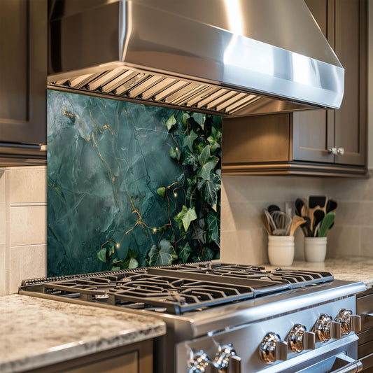 Emerald Green Marble ,Ivy Kitchen Backsplash – Tempered Glass Splashback with Gold Veins , Botanical Design