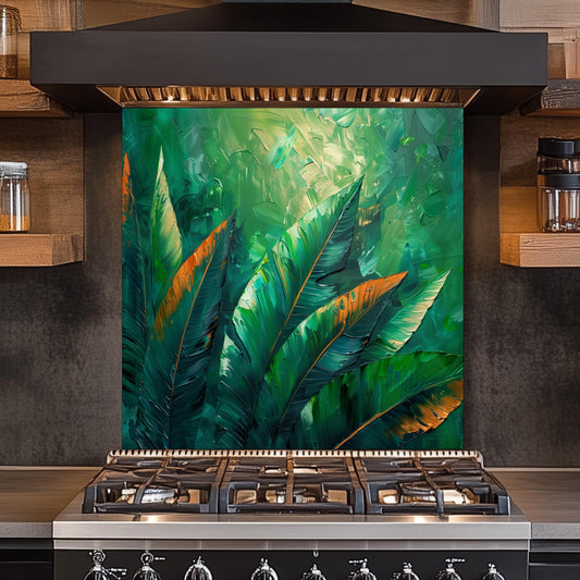 Tropical Jungle Leaf Kitchen Backsplash, UV Printed Tempered Glass Art, Custom Size Design