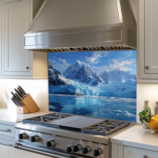 Arctic Mountain Glacier Kitchen Backsplash, UV Printed Tempered Glass, Custom Size Design