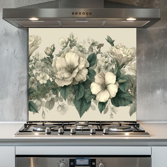 Ivory Floral Kitchen Backsplash, UV Printed Tempered Glass Wall Art, Custom Size Design