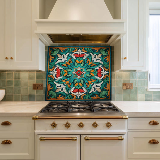 Ornate Acanthus Mandala Glass Backsplash, Stained Glass Style Stove Panel, Custom Size Art