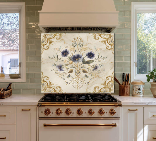 Blue Floral Damask Backsplash, Gold Varak Marble Stove Guard, Custom Size Glass Art