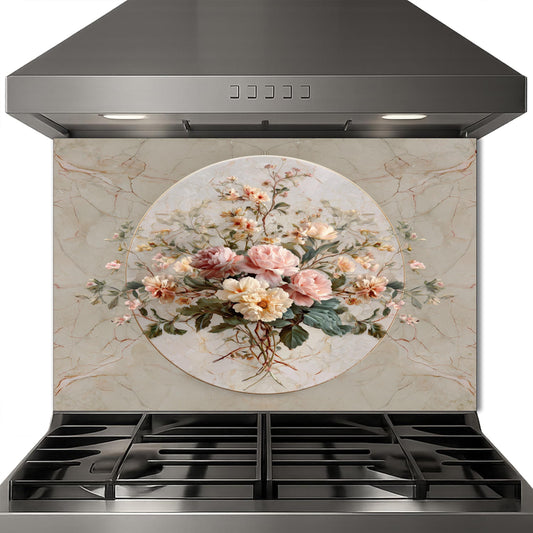 Floral Marble Glass Backsplash, Vintage Bouquet Stove Guard, Heat Resistant Easy Clean Kitchen Art
