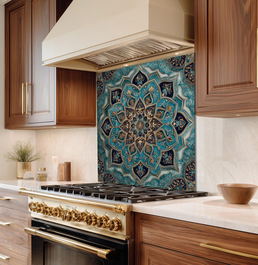Golden Ornamental Medallion Glass Backsplash, Navy Filigree Stove Guard, Heat Resistant Marble Art