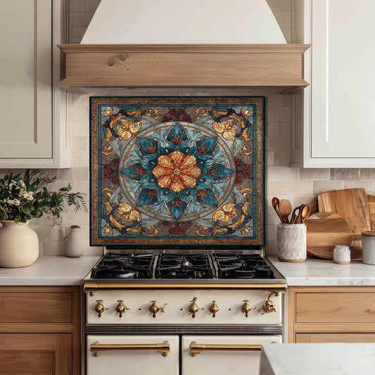 Stained Glass Style Kitchen Backsplash, Floral Mandala Tempered Glass, Ornate Mosaic Wall Art