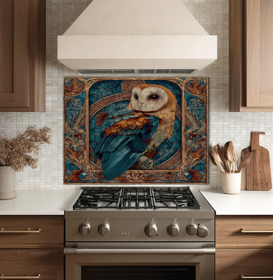 Stained Glass Owl Backsplash, Ornate Floral Mandala Wall Art, Custom Size Stove Panel