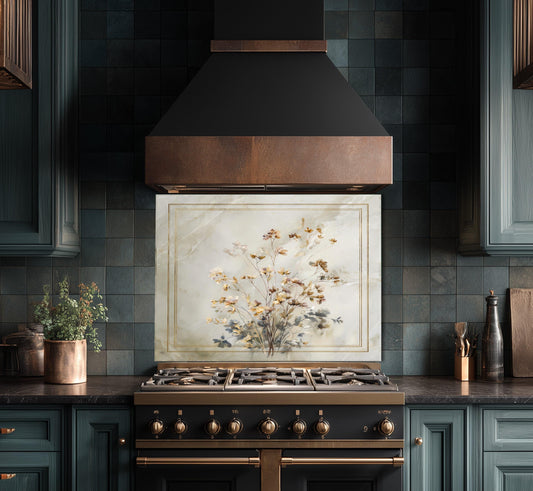 Golden Wildflower Marble Backsplash, Soft Watercolor Stove Guard, Custom Size Glass Art