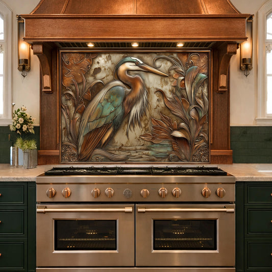 Blue Heron Tempered Glass Backsplash, Copper Botanical Bird Wall Panel, Custom Size