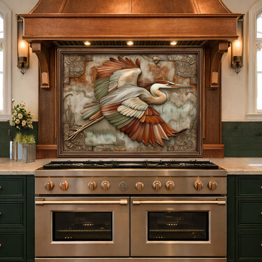 Blue Heron Flight Tempered Glass Backsplash, Copper Look Wetland Bird Wall Panel, Custom Size