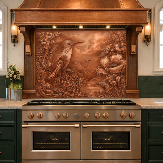 Songbird Mountain View Tempered Glass Backsplash, Copper Look Floral Bird Wall Panel, Custom Size
