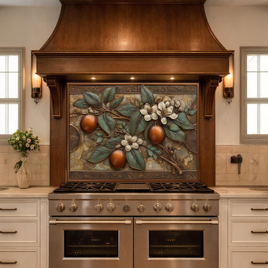 Botanical Lemon Tempered Glass Backsplash, Copper Look Citrus Fruit Wall Panel, Custom Size