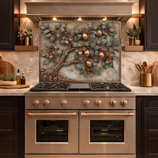 Rustic Lemon Tree Tempered Glass Backsplash, Copper Look Citrus Fruit Wall Panel, Custom Size