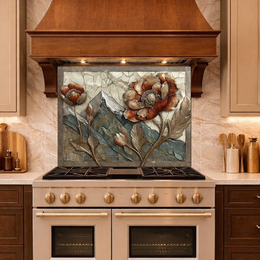 Alpine Peak Blossoms Backsplash, Copper Look Mountain and Flower Wall Panel, Custom Size