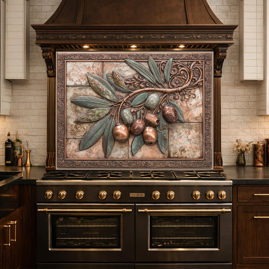 Rustic Olive Branch Backsplash, Copper Look Fruit Wall Panel, Mediterranean Kitchen Decor, Custom Size