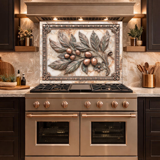 Mediterranean Olive Branch Backsplash, Copper Look Fruit Wall Panel, Marble Texture, Custom Size