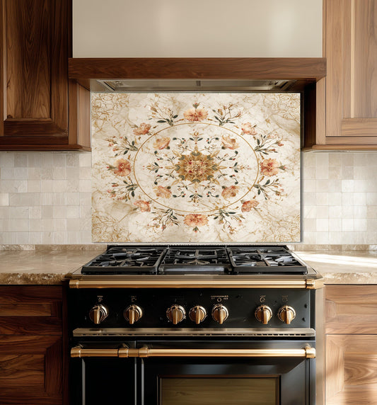 Floral Bouquet Marble Glass Backsplash, Vintage Rose Medallion Stove Guard, Heat Resistant Wall Art