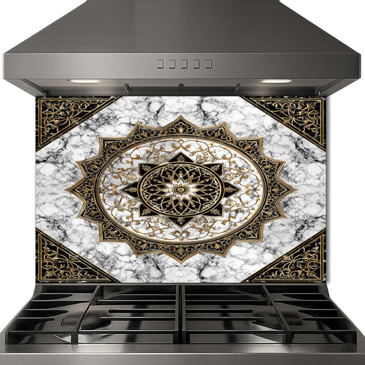 Black Gold Mandala Glass Backsplash, Marble Filigree Stove Guard, Heat Resistant Easy Clean Art