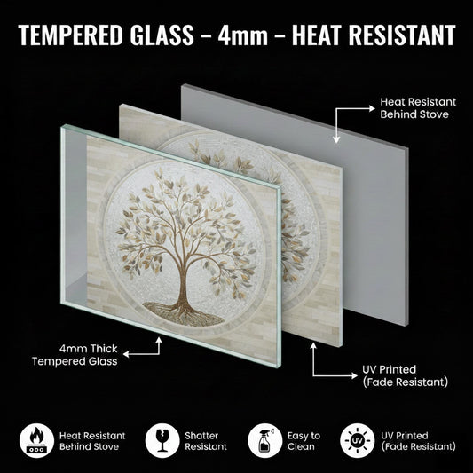 Glass Backsplash for Kitchen, Easy Clean Tempered Glass Panel, Tree of Life Marble Mosaic