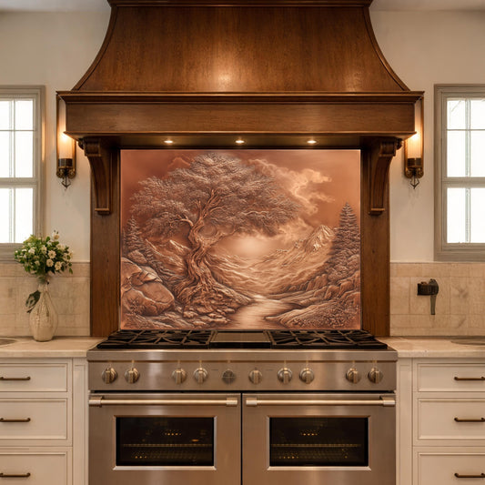 Majestic Twisted Tree Tempered Glass Backsplash, Copper Relief Look Wall Panel, Stove Guard