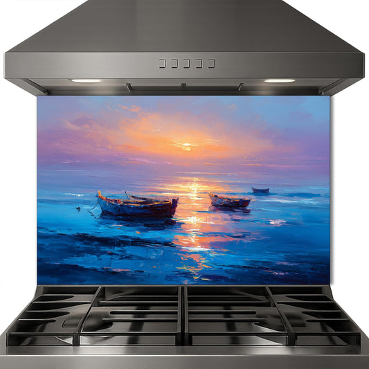 Serene Sunset Boats Tempered Glass Backsplash, Vibrant Oil Painting Style Wall Art