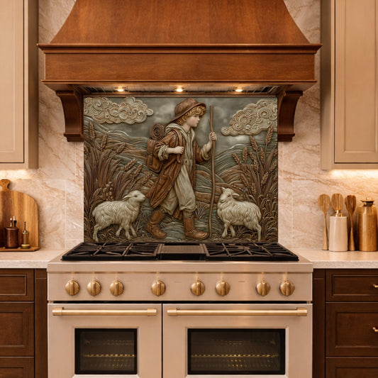 Young Shepherd and Wheat Field Tempered Glass Backsplash, Copper Relief Look Wall Panel