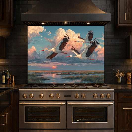 Graceful Storks over Golden Marsh Tempered Glass Backsplash, Wildlife Sunset Wall Panel, Stove Guard